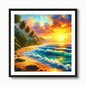 Oil Texture Tropical Beach At Sunset 5 Art Print