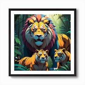 Illustration Of A Majestic Lion Fearsome Tiger And Robust Bear Standing Together In The Dense Jung 603007676 Art Print