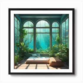 Anime Bedroom Full Of Plants With Giant Window Looking Out Underwater 3 Art Print
