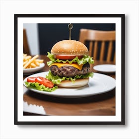 Hamburger On A Plate With Fries Art Print