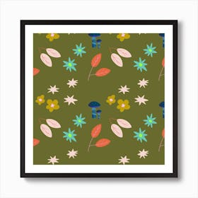 Autumn Leaves Fabric Army Green Art Print