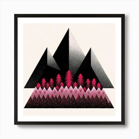 Title: "Nocturnal Geometry: Pines in the Shadows"  Description: "Nocturnal Geometry: Pines in the Shadows" showcases a striking contrast of black geometric mountains against a field of vibrant pink pines. The artwork's sharp angles and the smooth gradient of dots create an abstract representation of nightfall in a stylized forest. The visual play of textures and patterns draws the eye, while the bold monochromatic peaks stand sentinel over the vivid undergrowth. Set upon a warm, light background, the piece conjures a sense of mystery and the silent drama of the wilderness after dusk. This piece is a modern tribute to the beauty of the night, captured in a minimalist yet impactful style. Art Print