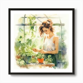 Watercolor Of A Girl In A Greenhouse Art Print