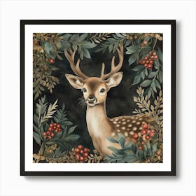 Deer Illustration Vintage Christmas Gift Winter Art Print