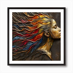 Portrait Of A Woman's Face In Sideways - An Embossed Abstract Artwork In Red, Blue, Orange, And Yellow Colors, Veins-Like Textured Flowing Hair, With Neck And The Face Created With Stone Bead Effect In Golden Color. Art Print