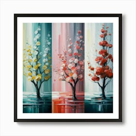 Three different paintings each containing cherry trees in winter, spring and fall 1 Art Print