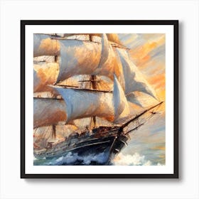 Sailing Ship In The Ocean At Sunset Art Print