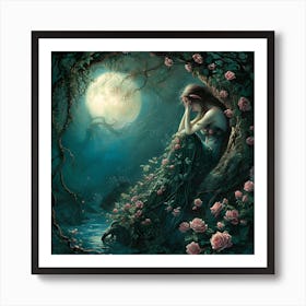 Girl Under The Moon Sitting On A Rose Tree Poster