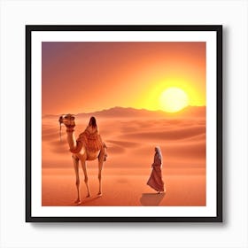 Camel And Woman In The Desert Art Print