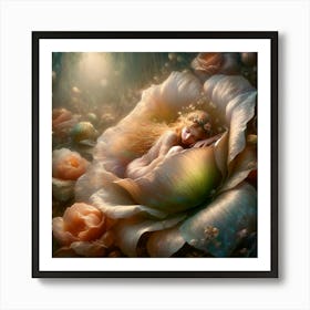 Fairy In A Flower, A serene depiction of a woman resting inside an oversized flower bloom, surrounded by a mystical forest atmosphere with soft lighting that creates a dreamlike ambiance. classic art Art Print