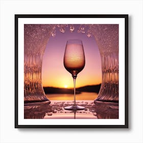 Vivid Colorful Sunset Viewed Through Beautiful Crystal Glass Sparkling Wine, Close Up, Award Winning Art Print