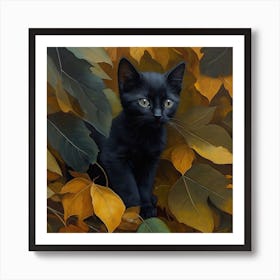 Black Kitten In Autumn Leaves 1 Art Print
