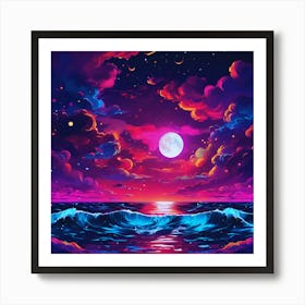 Moon And Waves Art Print