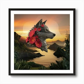 Wolf With Flowers Art Print