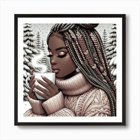 Black Girl Drinking Coffee In Winter Art Print