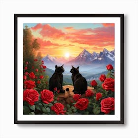 2 Cat And Red Roses Art Print