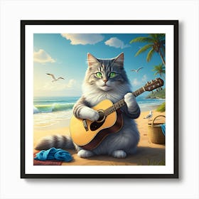 A Fluffy Gray Cat Playing A Guitar On A Sandy Beach With Ocean Waves, Seagulls, And Palm Trees In The Background Art Print