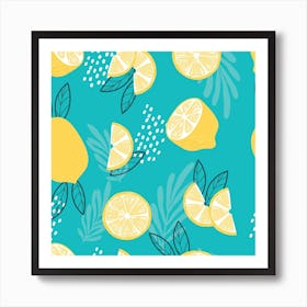 Lemon Pattern With Floral Decoration Square Art Print