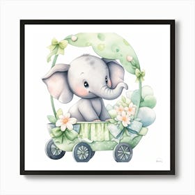 Baby Elephant In A Carriage - green nursery decor 3 Art Print