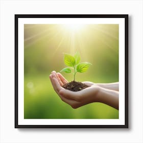 Hand Holding Young Plant With Sunlight Concept Eco Earth Day 2 Art Print