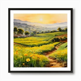 Watercolor A Serene Landscape In Rural India Bathed In The Warm Earthy Tones Art Print