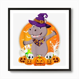 Hippo Lover Scary Pumpkin Skull Witch Hippopotamus Halloween Art Print