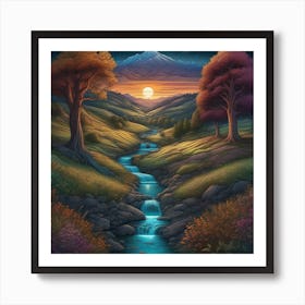 Beautiful Landscape With Stream Rolling Hills Trees Centered Symmetry Painted Intricate Volum Art Print