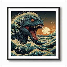 Godzilla Great Wave Off Kanagawa art print Art Print