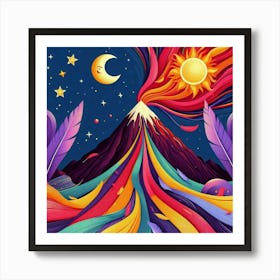 A Mountain With Colorful Streaks Of Ribbon With Purple Feathers Sun And Moon And Star In A Volcano Of Red Flames Art Print