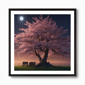 Cherry Blossom Tree At Night Art Print