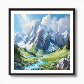 Vintage Alpine Mountain Landscape Art Print