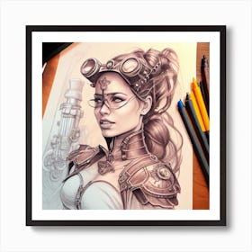 Myeera Hand Pencil Scetch Of A Beautiful Woman Steampunk Style Art Print