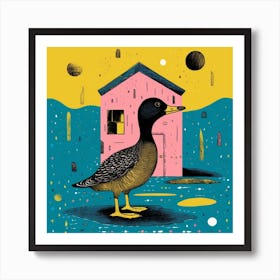 Duckling Outside A House Linocut Style 3 Art Print