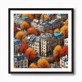 Autumn City Landscape Ultra Hd Realistic Bright Colors Highly Detailed Drawing In Uhd Format Pen Art Print
