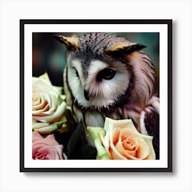 owl with Siberian Husky colors, Chameleon roses 3 Art Print