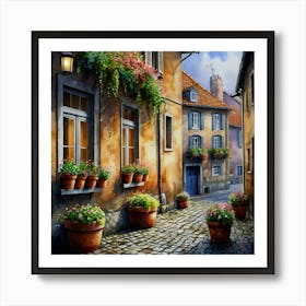 Default Old Cobblestone Street Flower Pots Are Outside The Win 0 Art Print