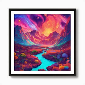 Fantasy Landscape Of A Mountains And Blue River Art Print