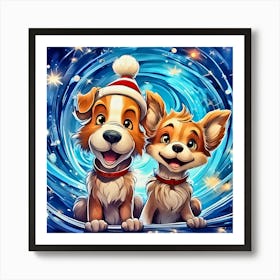 Two Dogs In Christmas Hats Art Print