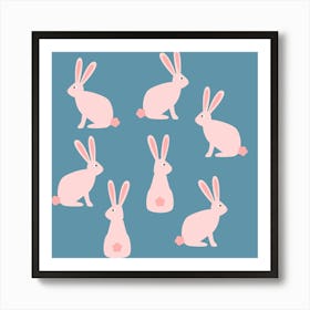 Pink Bunnies and Rabbits on Teal Green Art Print