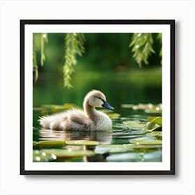 Fluffy Cygnet Paddling In A Tranquil Duck Pond Soft Feathers Ruffled Gently By The Serene Waters A Art Print