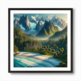 A Stunning Natural Landscape Showcasing A Combination Of Majestic Mountains, Serene Beaches, And Lush Forests Art Print