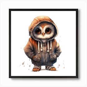 Watercolour Cartoon Owl In A Hoodie 3 Art Print