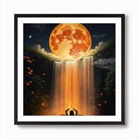 Full harvest moon with orange light waterfall and autumn leaves Art Print