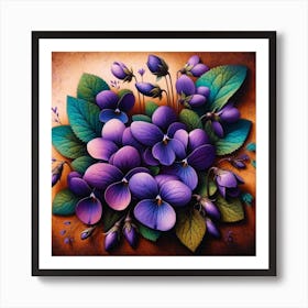 Title: "Violet Whispers"  Description: This vividly detailed image showcases a vibrant bouquet of pansies, each petal painted with a gradient of purple and blue shades, delicate white strokes, and a hint of yellow at the center. The flowers are nestled among rich green leaves with prominent veins, adding depth and contrast to the composition. Some buds and smaller blooms are in various stages of opening, symbolizing potential and new beginnings. The textured, warm-toned background complements the cool colors of the pansies, creating a cozy and inviting atmosphere. The artwork conveys a sense of gentle elegance and the simple joys found in nature's intricacies, evoking feelings of tranquility and admiration for the subtle complexities of flora. Art Print