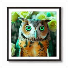 owl with dolphin colors, lime roses 2 Art Print