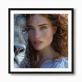 Portrait Of A Woman With A Lion Art Print