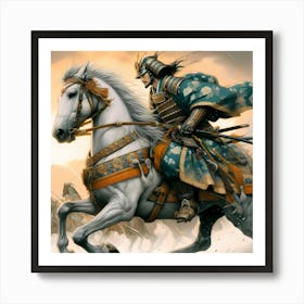 Old Japan War Aera Samurai In Attack On A Horse Color Painting 1 Art Print