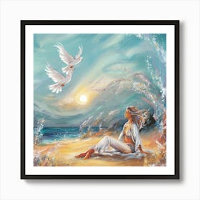 Doves On The Beach 1 Art Print