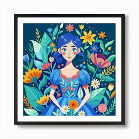 Watercolor Floral Girl In Blue Dress Art Print Art Print