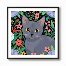 Grey Cat In Flowers Art Print